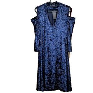 New Stunning Navy Blue Crushed Velvet Cold Shoulder Shift Dress